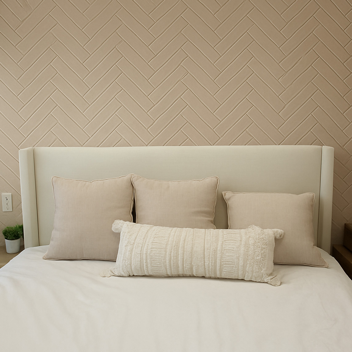 bedroom wall remade with herringbone design